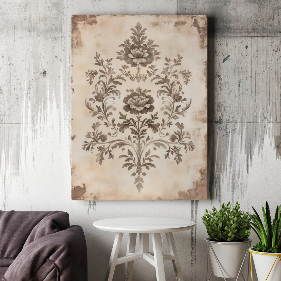 Vintage Damask Floral Canvas Wall Art | Distressed Aged Botanical Print | Premium 1.25 Inch Gallery Wrap | Elegant Neutral Home Decor Gift