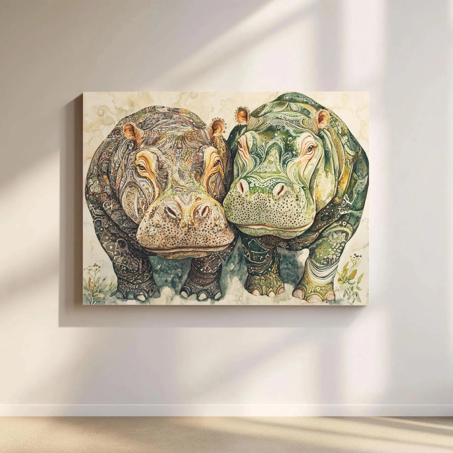 Hippopotamus Couple Canvas Wall Art | Intricate Mandala Watercolor Print | Premium Gallery Wrap Decor | Unique Hippo Gift for Animal Lovers