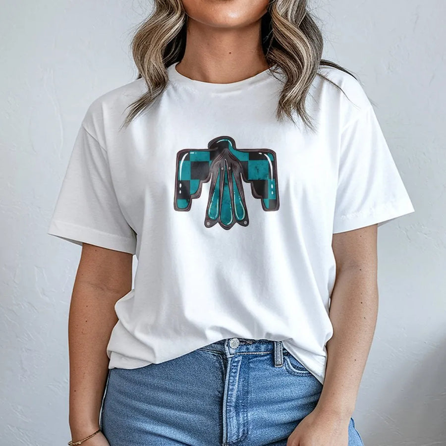 Checkered Thunderbird Graphic T-Shirt | Southwestern Style Bird Print | Premium 100% Cotton Tee | Boho Western Gift for Her