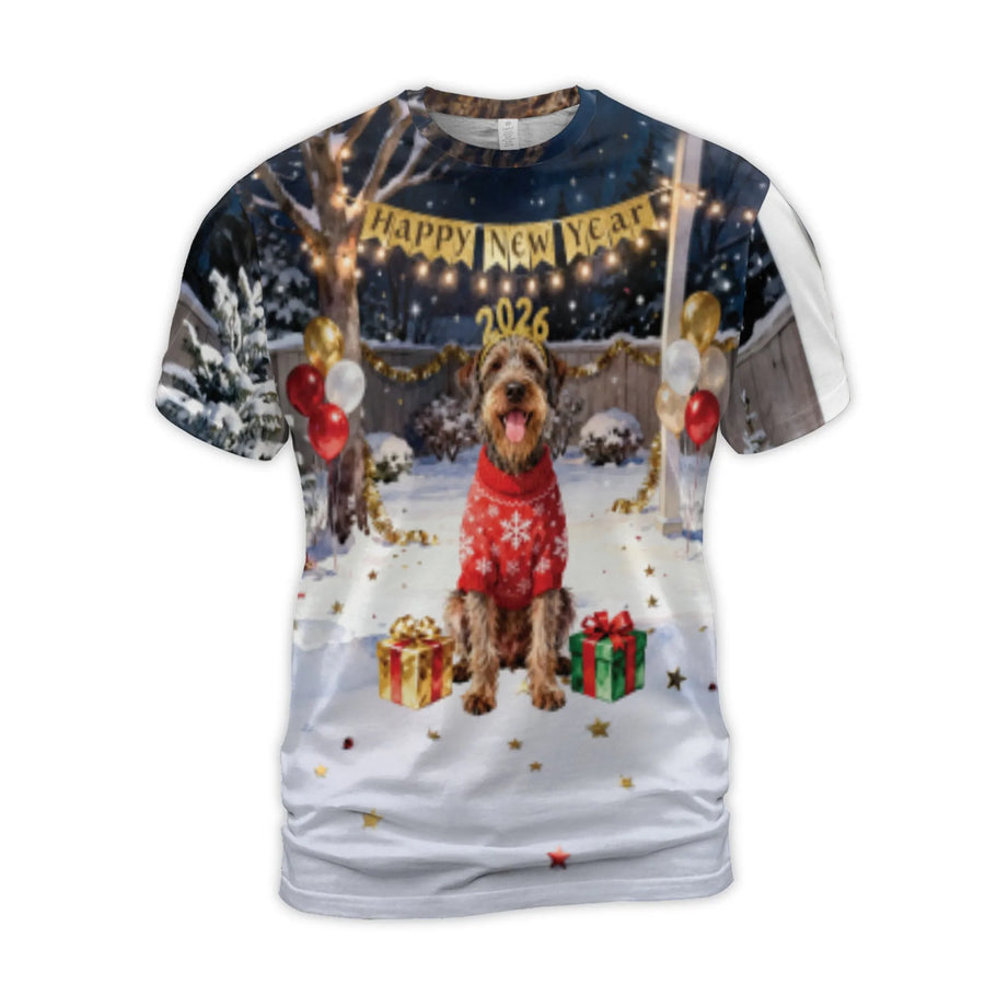Happy New Year 2026 Dog T-Shirt | Festive Red Snowflake Sweater Graphic | Premium Stretch Poly-Jersey | Holiday Gift for Dog Lovers & Pet Owners