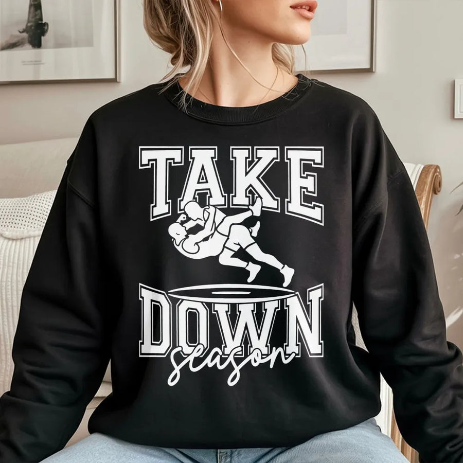 Take Down Season Wrestling Sweatshirt | Retro Collegiate Graphic Design | Premium Cotton Blend | Gift for Wrestler, Wrestling Mom and Dad