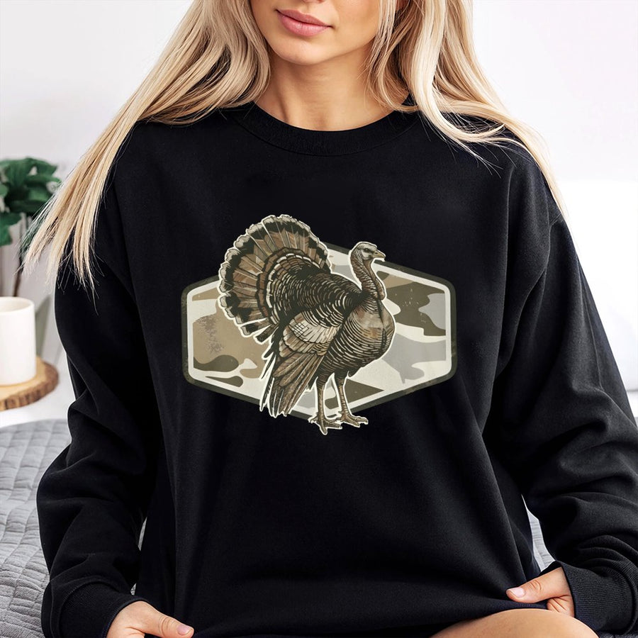 Wild Turkey Hunting Sweatshirt | Retro Camo Wildlife Graphic | Premium Cotton Blend | Thanksgiving Hunter Gift for Men and Women
