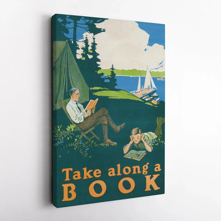 Vintage Reading Vertical Canvas | Take Along A Book Poster Art | Premium Quality Print | Library Wall Decor Gift for Readers & Teachers