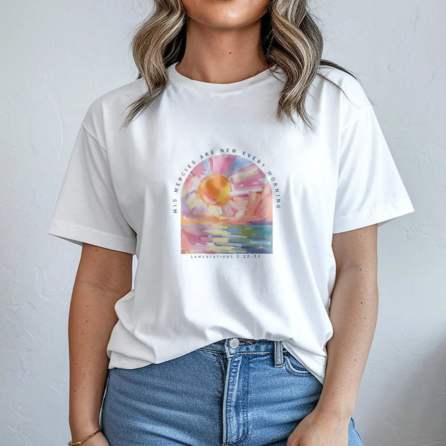 Christian T-Shirt | His Mercies Are New Every Morning Bible Verse | Premium Comfort Colors Cotton | Inspirational Faith Gift for Women