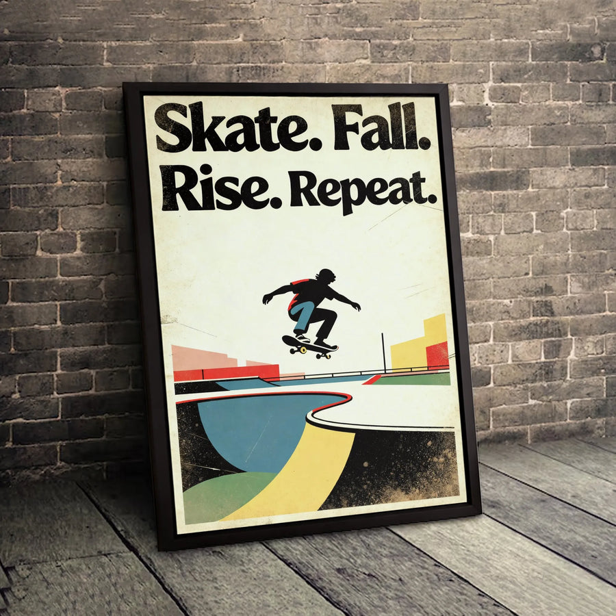Skate Fall Rise Repeat Canvas Wall Art | Retro Skateboarder Illustration | Premium 1.25-Inch Gallery Wrap | Motivation Gift for Skaters