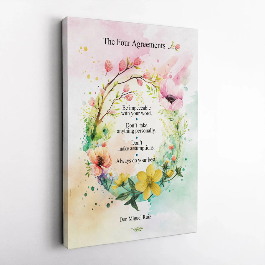 The Four Agreements Wall Art | Watercolor Floral Wreath Print | Premium Gallery Wrapped Canvas | Motivational Spiritual Decor Gift for Home