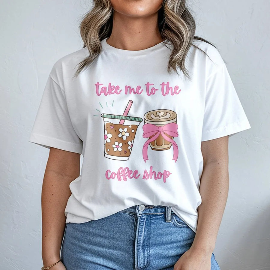 Coffee Lover T-Shirt | Cute 'Take Me to The Coffee Shop' Graphic | 100% Soft Cotton | Fun Gift for Women, Oversized Cafe Tee