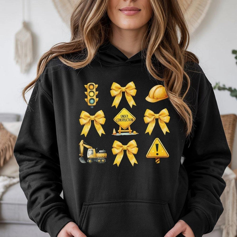 Coquette Construction Hoodie | Aesthetic Yellow Bow Graphic Sweatshirt | Premium Cotton Blend | Funny Gift for Civil Engineer or Women in Trades