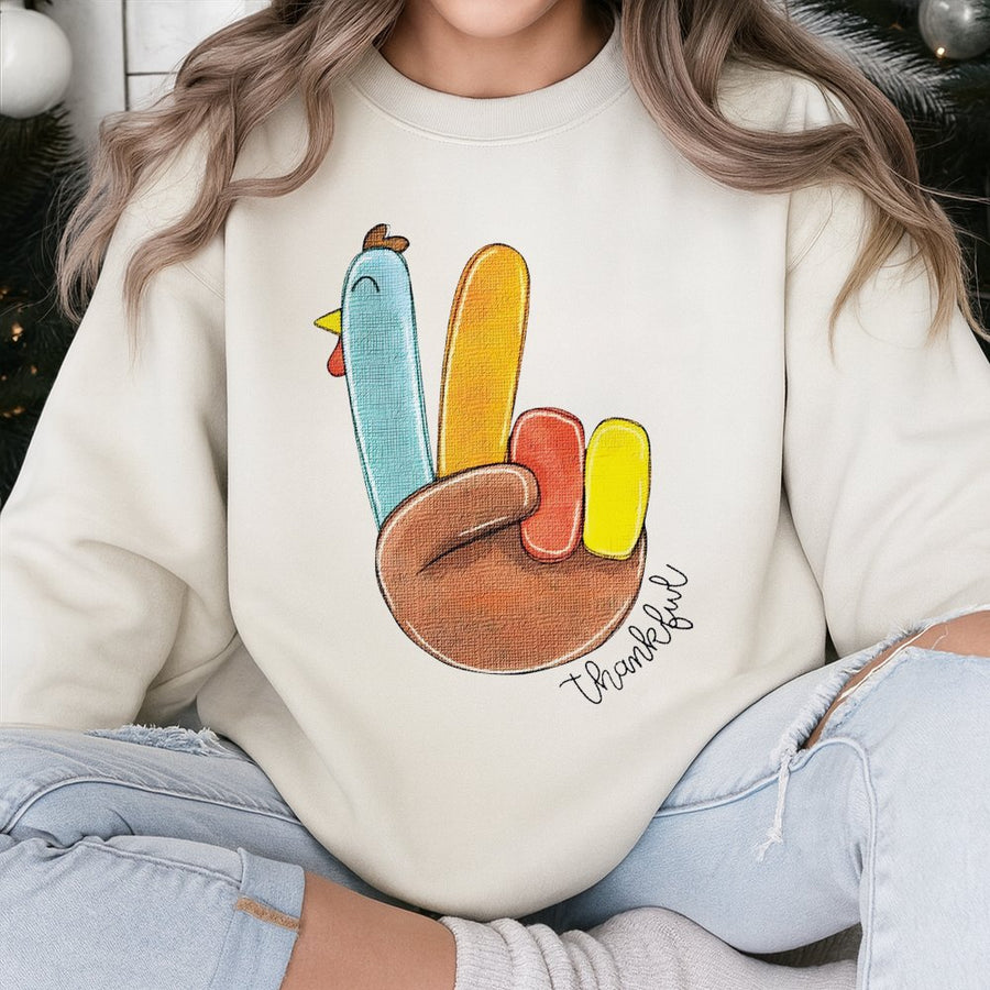Peace Sign Turkey Sweatshirt | Funny Thanksgiving Graphic Pullover | Soft Cotton Blend Crewneck | Cute Fall Gift For Women And Men
