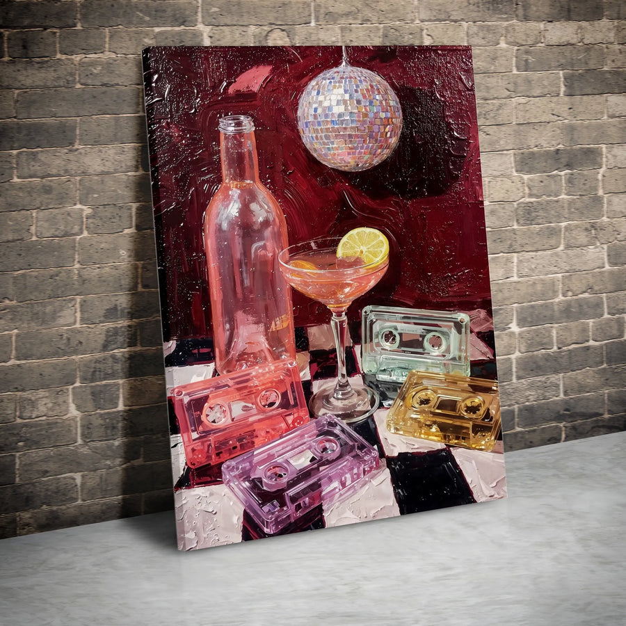 Retro Disco Party Vertical Canvas | 80s Cassette Tape & Cocktail Still Life Art | Premium Thick Gallery Wrap | Modern Bar Cart Decor Gift
