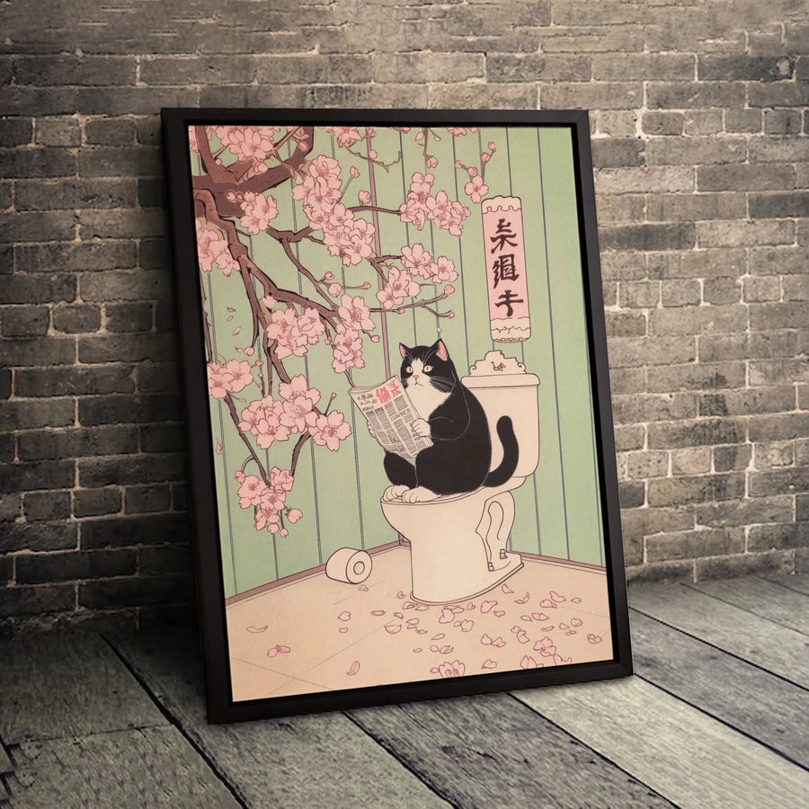 Japanese Cat Art Canvas | Funny Black Cat Reading Newspaper on Toilet | Gallery Quality Ukiyo-e Style Wall Decor | Unique Bathroom Art Gift