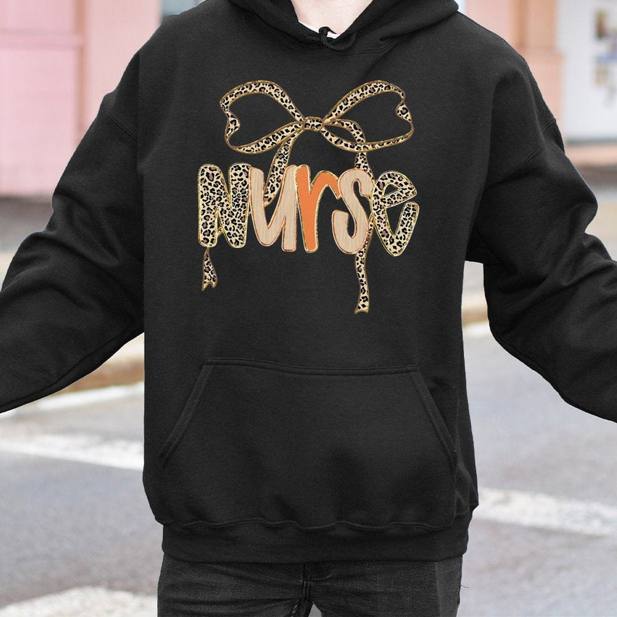 Nurse Hoodie | Leopard Bow Aesthetic Graphic Print | Cotton Blend Premium Sweatshirt | Gift for Nurses and Nursing Students