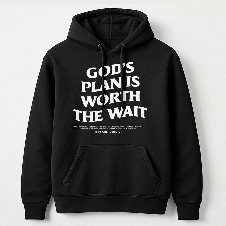 God's Plan Is Worth The Wait Hoodie | Bible Verse Scripture Quote | Premium Cotton-Blend Apparel | Religious Gift for Men and Women