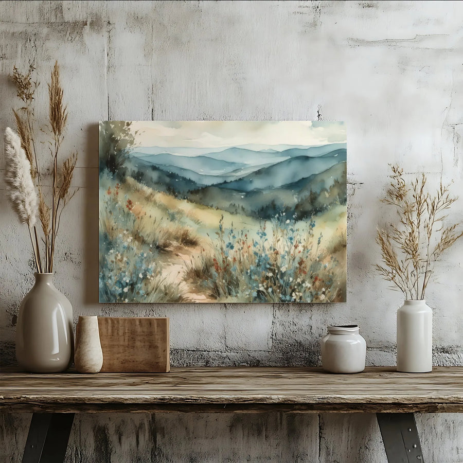 Mountain Landscape Canvas Wall Art | Watercolor Wildflower Meadow Print | 1.25" Gallery Wrap Premium Decor | Serene Nature Home Office Decor Gift