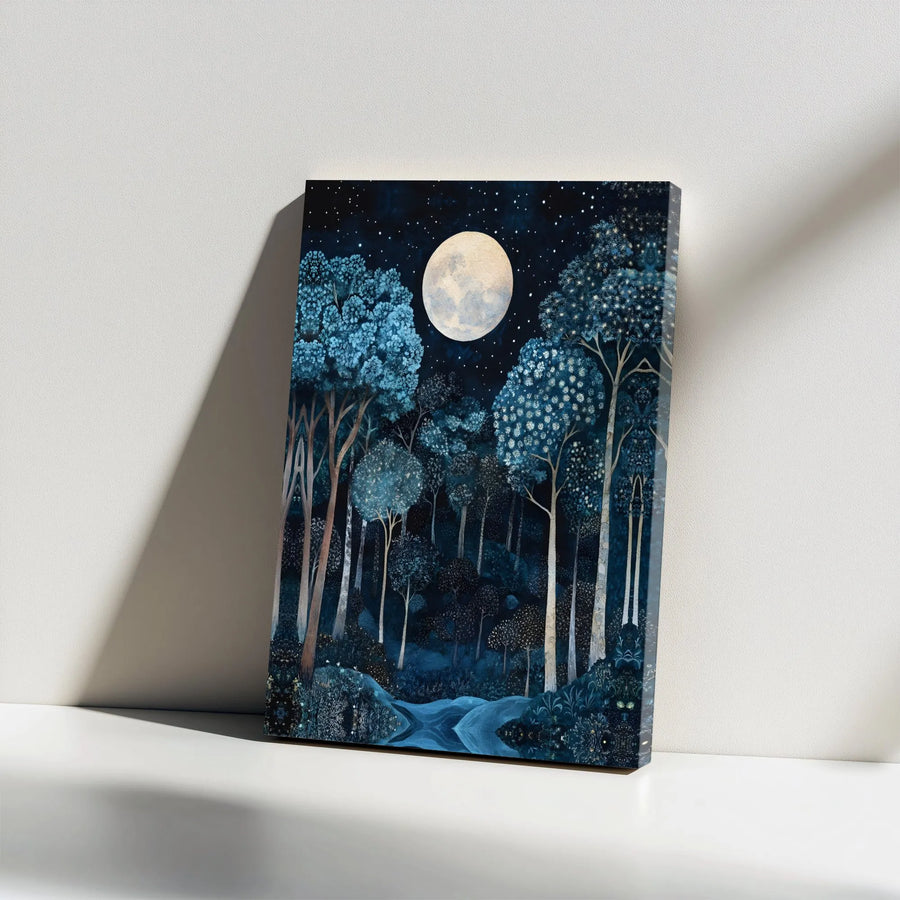 Mystical Forest Night Canvas Print | Full Moon and Stars Wall Art | Premium Gallery Wrap Decor | Nature Lover Home Office Gift