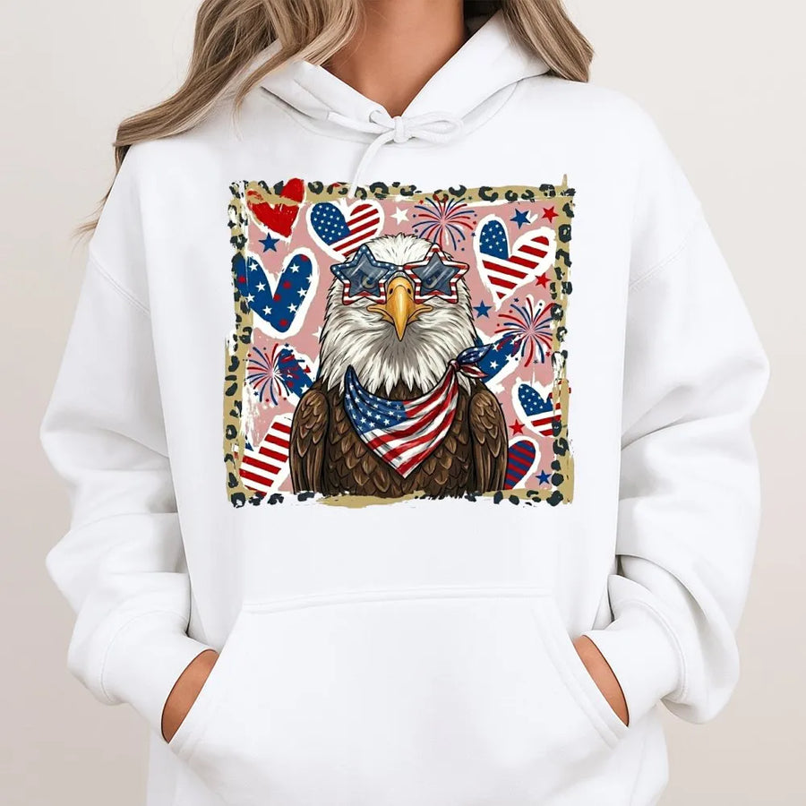 Patriotic Eagle Hoodie | American Flag Graphic with Sunglasses | Premium Soft Cotton Blend Sweatshirt | Unisex 4th of July Gift
