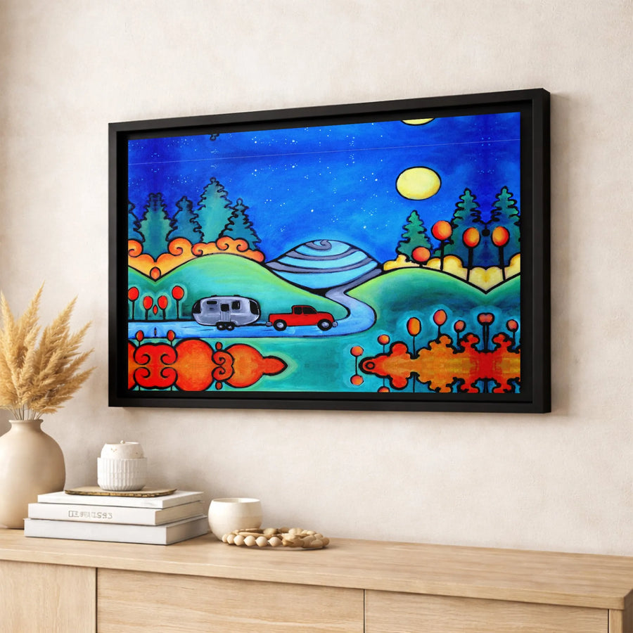 Folk Art Landscape Canvas Wall Art | Whimsical Red Truck And Camper Trailer | Premium Fade-Resistant Print | Unique Gift For Nature Lovers