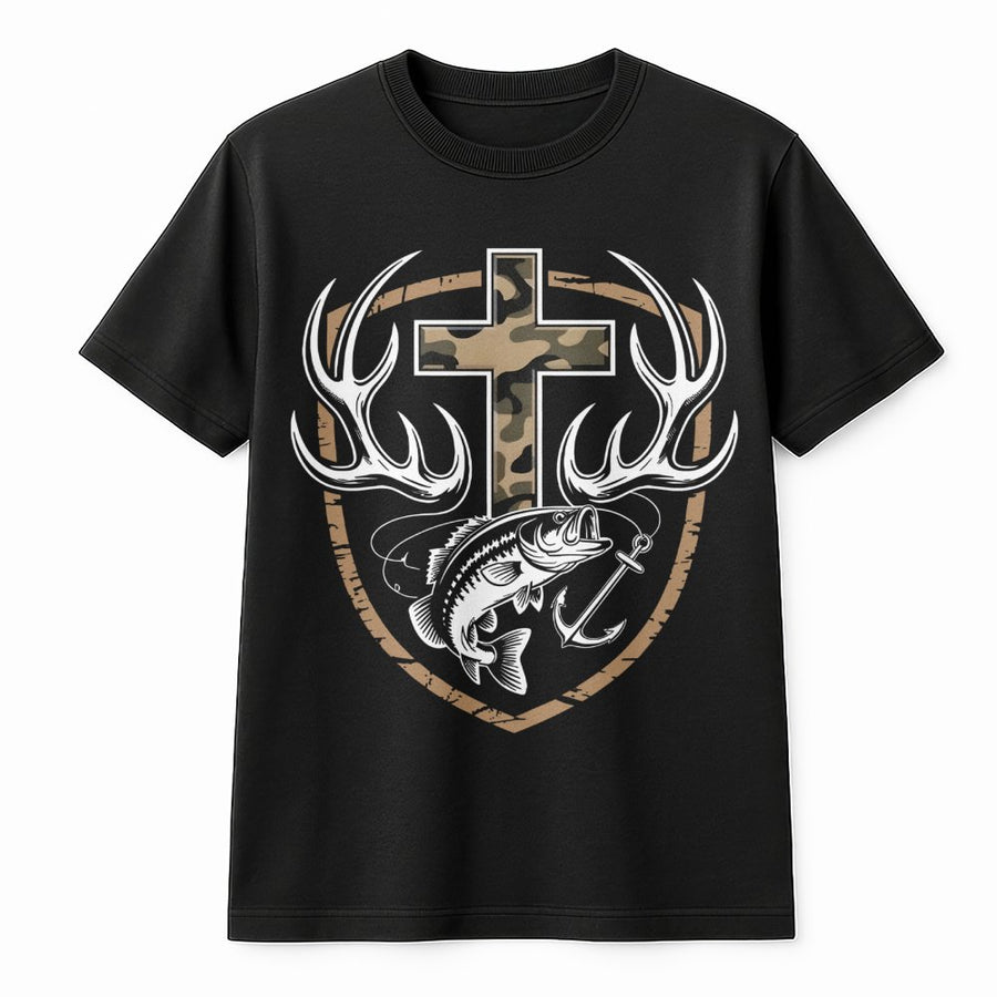Faith Hunting T-Shirt | Camo Cross Antlers & Bass Fish Graphic | Premium Cotton Unisex Tee | Rustic Outdoor Christian Gift For Outdoorsmen