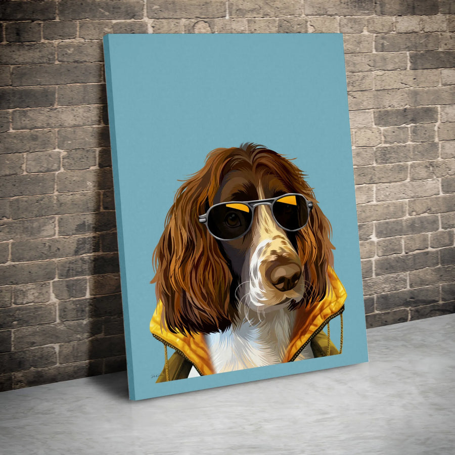 English Springer Spaniel Wall Art | Cool Dog In Yellow Raincoat With Sunglasses | Premium 1.25 Inch Gallery Wrap Canvas | Unique Dog Lover Gift Home Decor