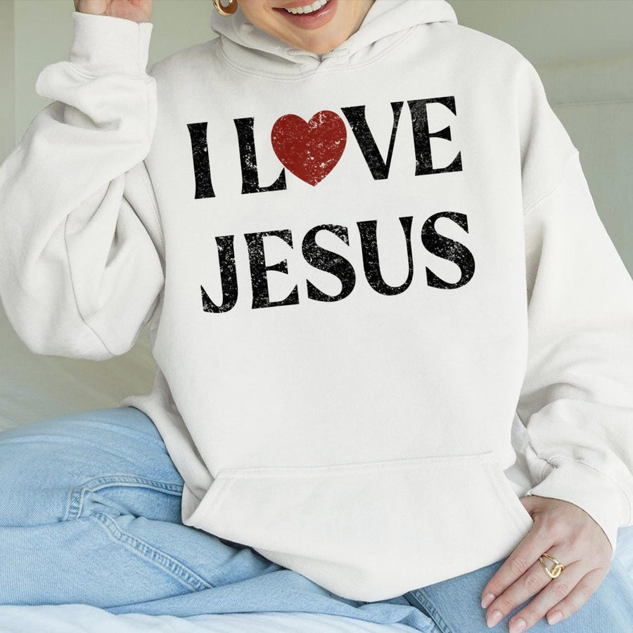 I Love Jesus Hoodie | Distressed Red Heart Religious Graphic | Cotton-Poly Blend Premium Sweatshirt | Faithful Christian Faith Gift For Men And Women