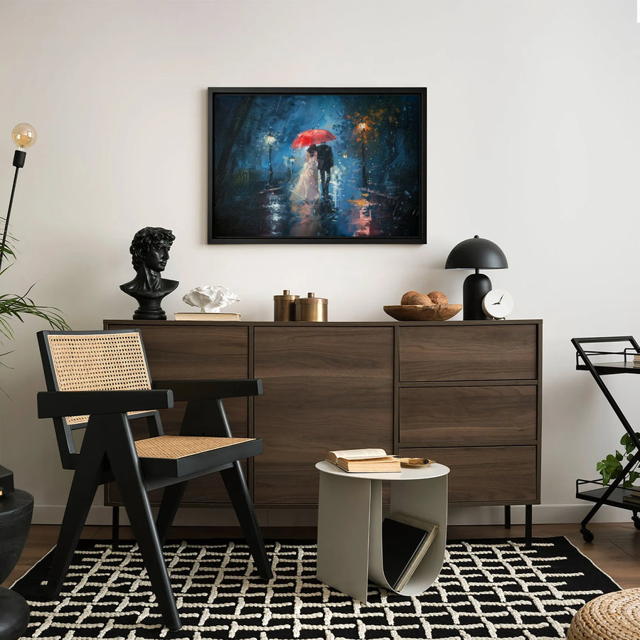 Romantic Couple Canvas Wall Art | Red Umbrella Rain Painting | Premium Gallery Wrap Print | Anniversary Gift for Couples Home Decor