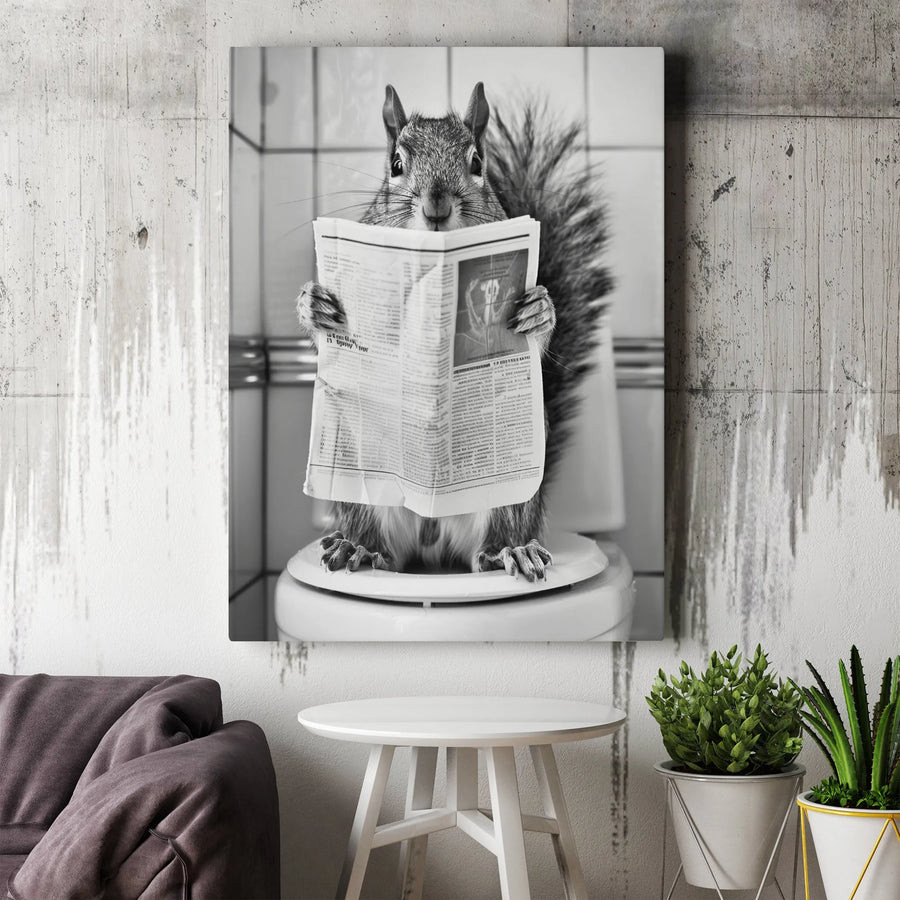 Funny Squirrel Toilet Art | Bathroom Reading Newspaper Print | Premium 1.25-Inch Canvas Decor | Unique Gag Gift for Bathroom Wall