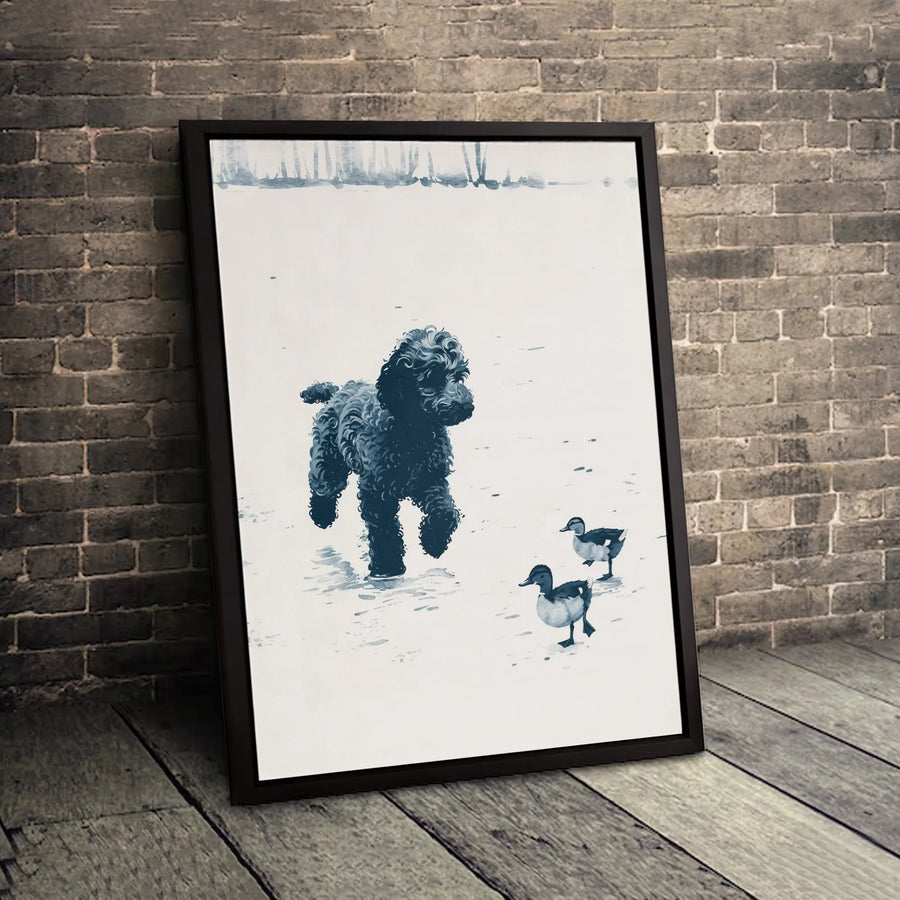 Black Poodle Canvas Wall Art | Watercolor Winter Snow Scene with Ducks | Premium Gallery Wrapped Print | Nature Animal Decor Gift for Dog Lovers