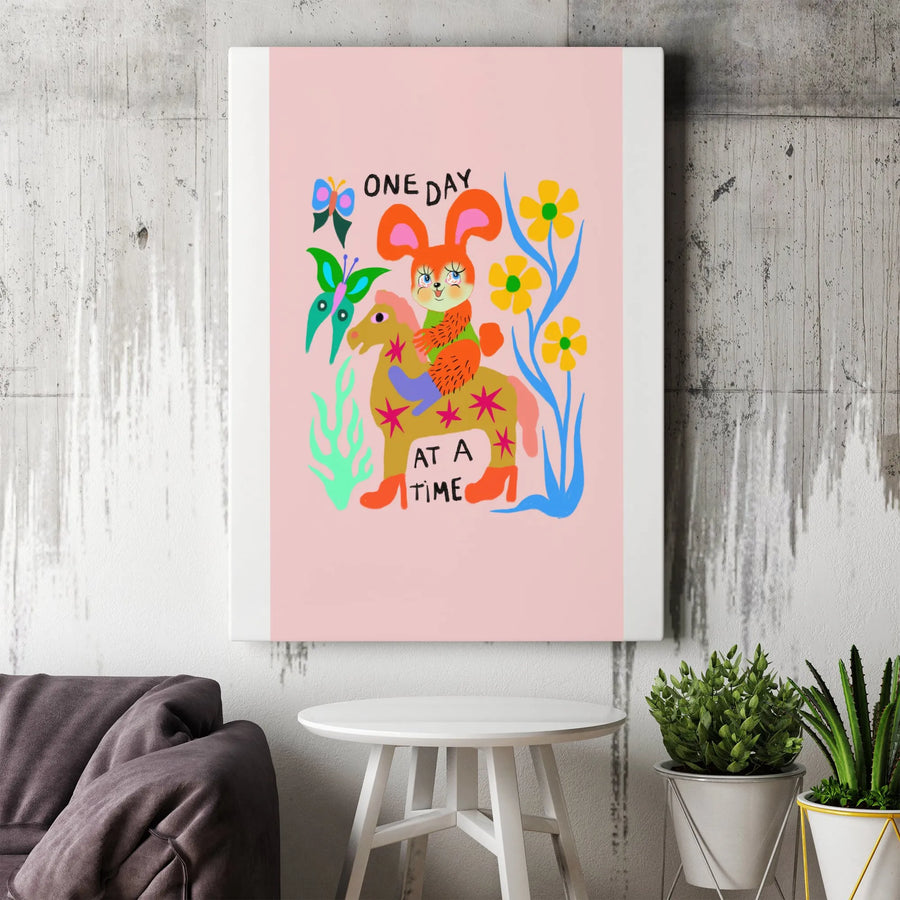 One Day At A Time Vertical Canvas | Whimsical Rabbit & Horse Illustration | Premium Gallery Wrapped Print | Inspirational Sobriety Gift