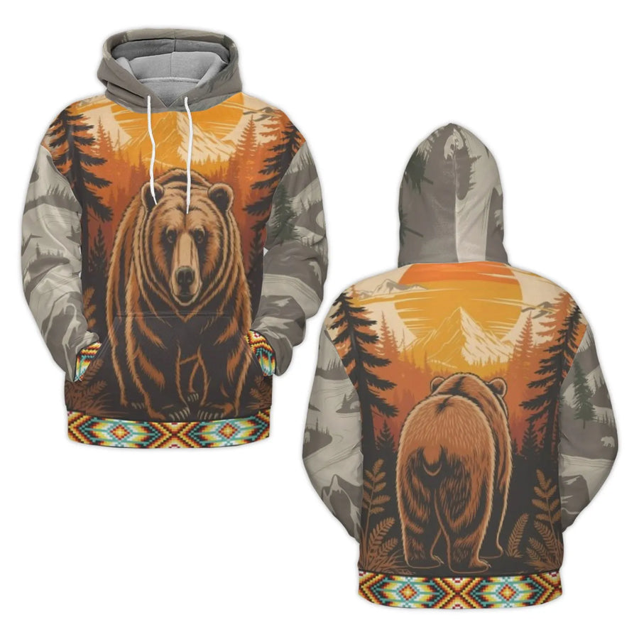 Grizzly Bear Hoodie | Mountain Forest Sunset Print | Premium Brushed Fleece Lining | Wildlife Nature Lover Gift