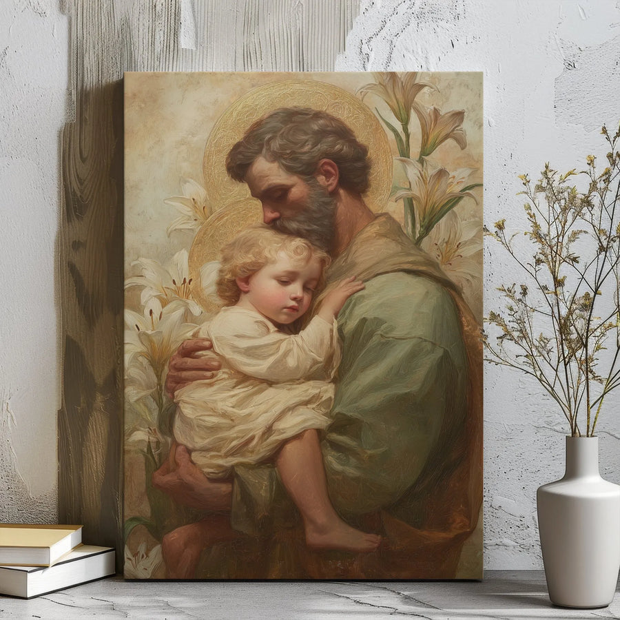 Saint Joseph Holding Baby Jesus Canvas | Religious Wall Art With White Lilies | Premium Gallery Wrap Print | Catholic Home Decor Gift