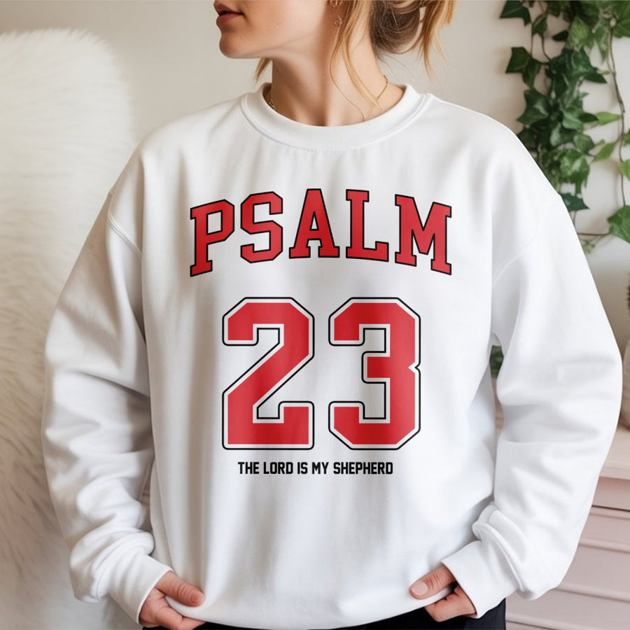 Psalm 23 Sweatshirt | The Lord Is My Shepherd Varsity Jersey Design | Premium Cotton Blend | Christian Faith Gift for Men and Women
