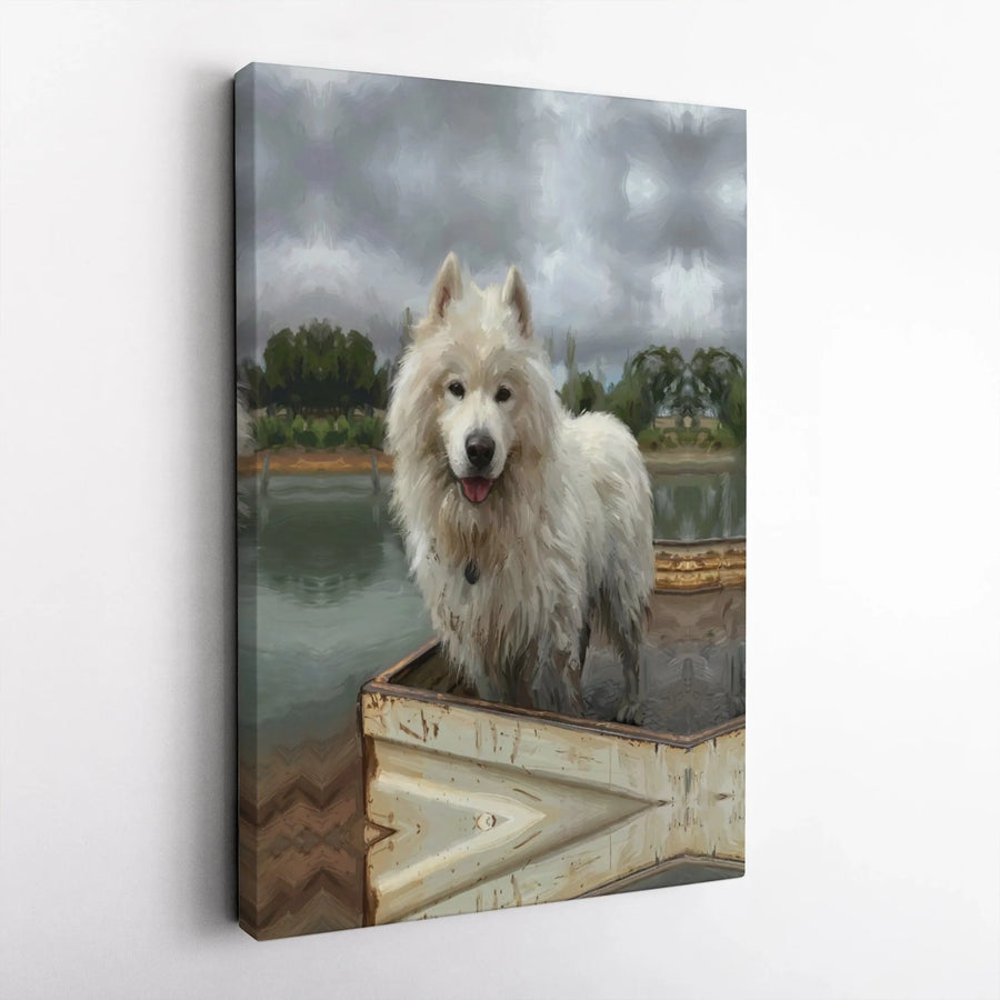 Samoyed Dog Canvas Art | Painterly White Fluffy Dog In Boat | 1.25 Inch Gallery Wrap Premium Decor | Dog Lover Wall Decor Gift