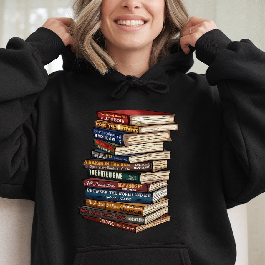 Black History Books Hoodie | Literary African American Heritage Stack | Cotton Blend Premium Sweatshirt | Gift for Readers Teachers and Students