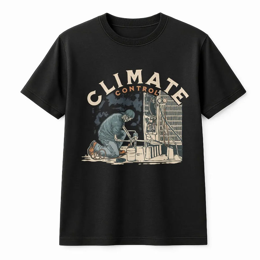 HVAC Technician T-Shirt | Climate Control Skeleton Repair Design | Premium Cotton Graphic Tee | Funny Blue Collar Gift For HVAC Workers