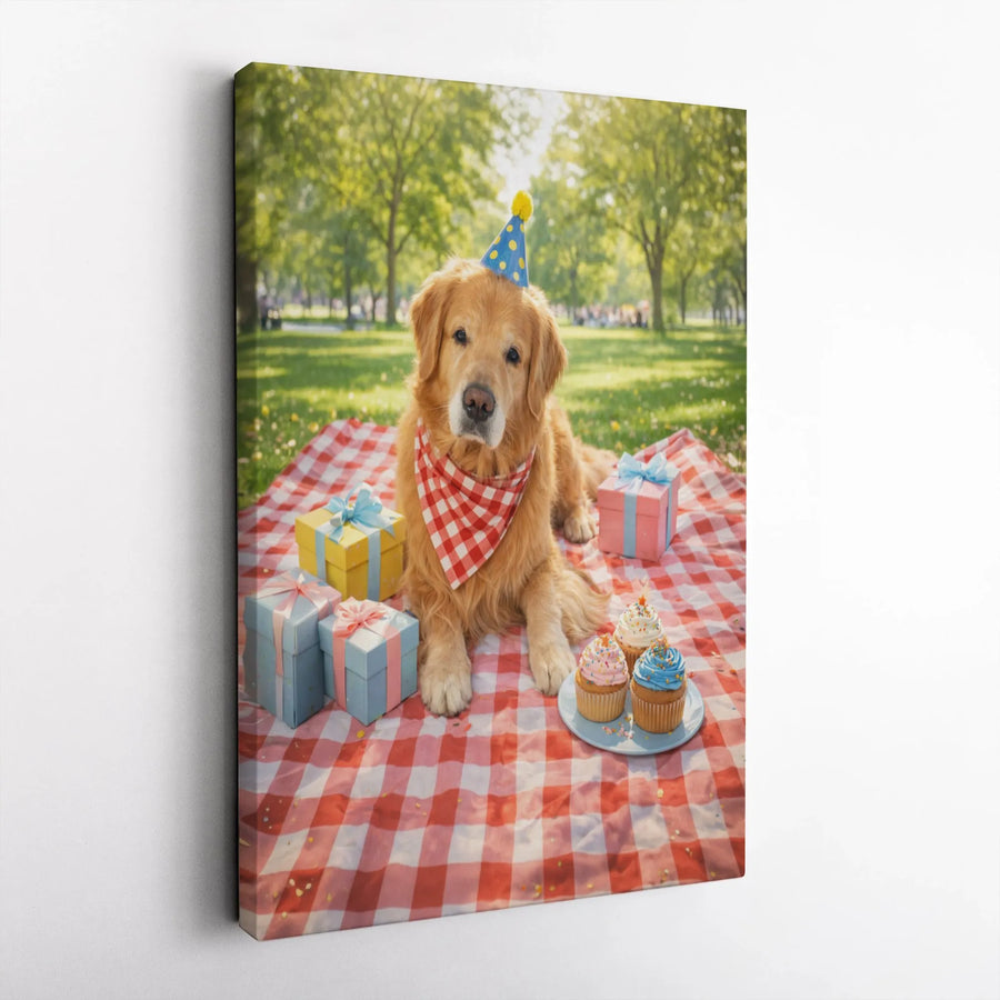 Golden Retriever Birthday Canvas Wall Art | Cute Dog Party Picnic Photo | Premium Gallery Quality Print | Gift for Dog Lover & Pet Owner
