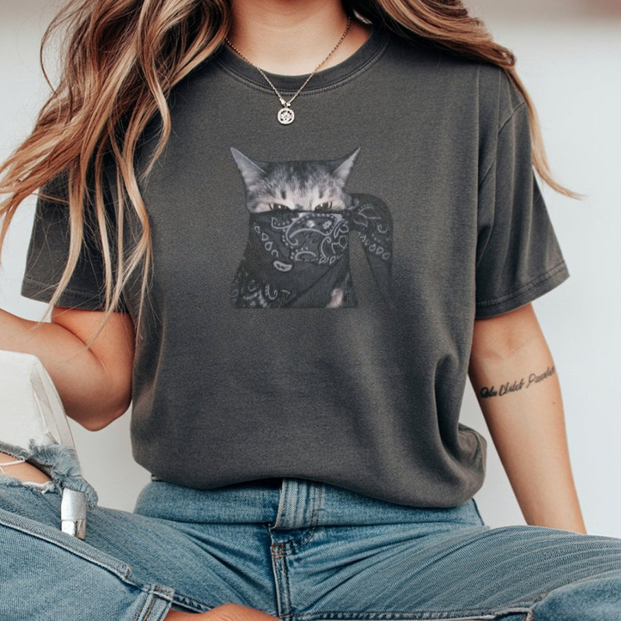 Outlaw Cat Graphic T-Shirt | Bandana Wearing Kitten Meme | 100% Cotton Premium Tee | Funny Animal Lover Gift for Men and Women