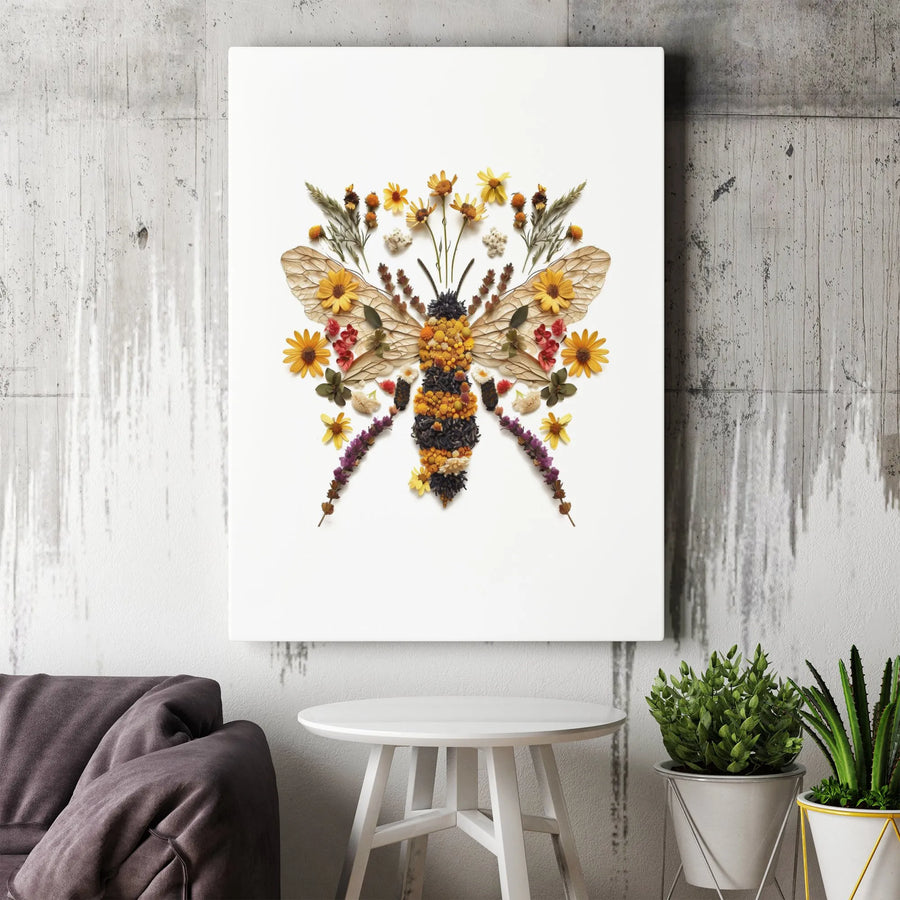 Floral Bee Canvas Wall Art | Botanical Dried Flower Insect Print | Premium 1.25" Gallery Wrap | Nature-Inspired Home Decor Gift