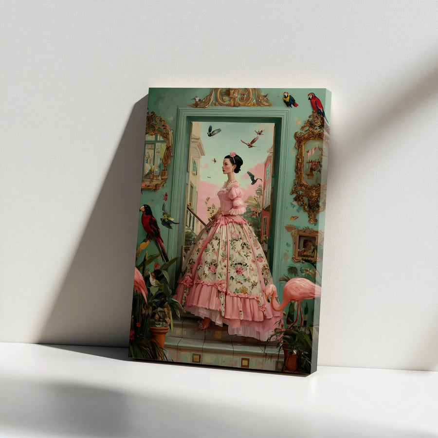 Victorian Woman Wall Art | Rococo Pink Gown & Exotic Birds Canvas | Gallery Wrapped Premium Print | Whimsical Romantic Home Decor Gift