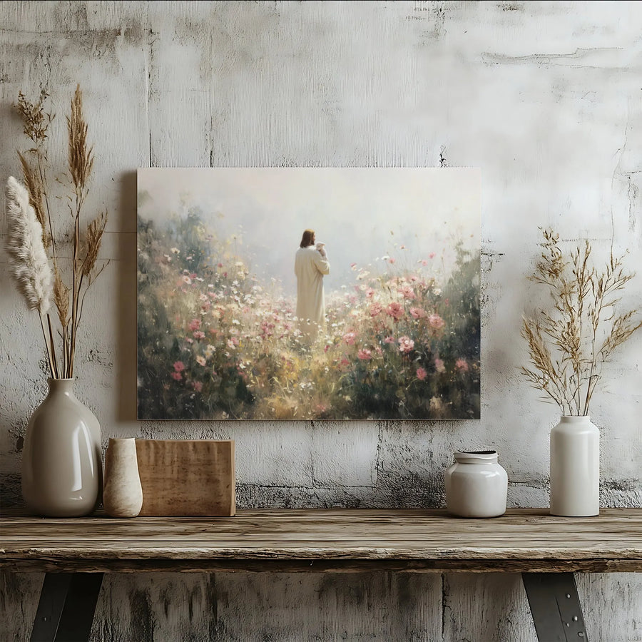 Jesus With Lamb Canvas Wall Art | Christian Floral Meadow Oil Painting Style | Premium 1.25" Gallery Wrap | Religious Home Decor Gift