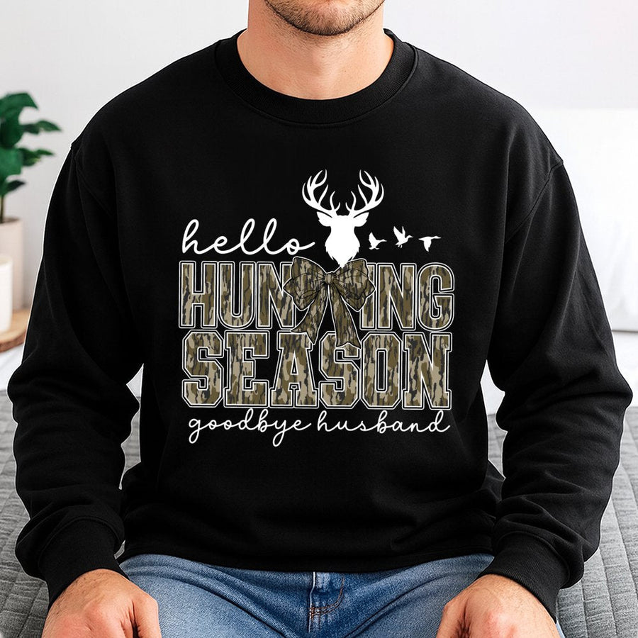 Hello Hunting Season Goodbye Husband Sweatshirt | Deer Hunter Bow Graphic | Premium Cotton Blend | Funny Gift for Women Hunters