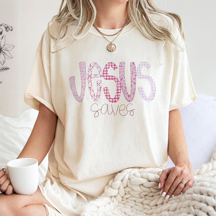 Jesus Saves T-Shirt | Pink Floral Gingham Christian Aesthetic Graphic Tee | 100% Cotton Premium Quality | Faith-Based Gift For Women