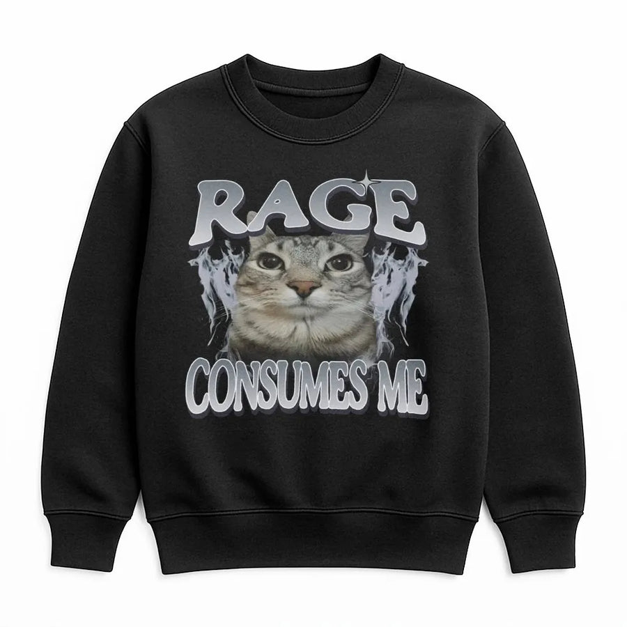 Rage Consumes Me Cat Sweatshirt | Funny Grumpy Kitten Graphic | Premium Cotton Blend Crewneck | Edgy Aesthetic Meme Gift for Cat Lovers