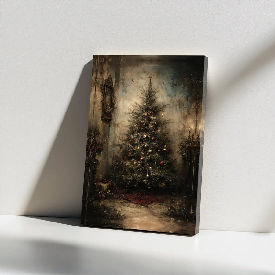 Vintage Christmas Tree Canvas Wall Art | Moody Oil Painting Style | Premium Gallery Wrap Decor | Holiday Home Gift