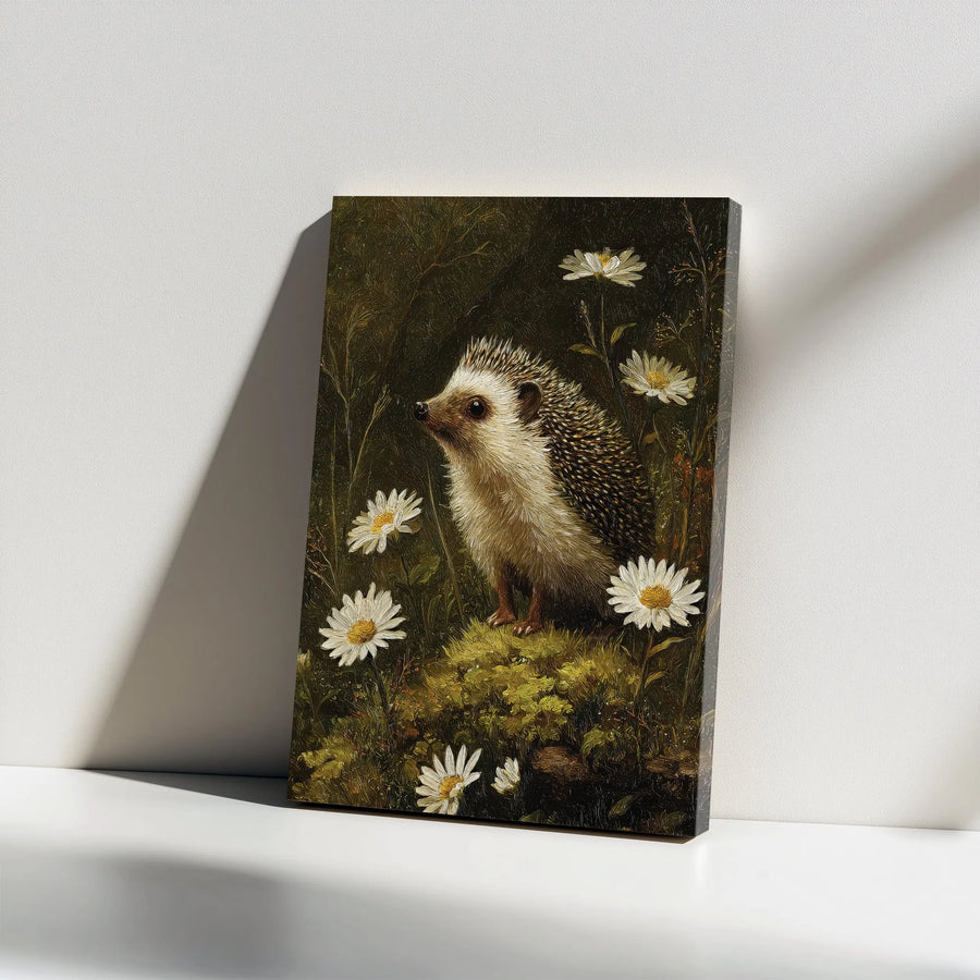 Hedgehog Canvas Wall Art | Vintage Painting of Hedgehog in Daisies | Premium Thick Gallery Wrap | Woodland Nursery & Cottagecore Decor Gift