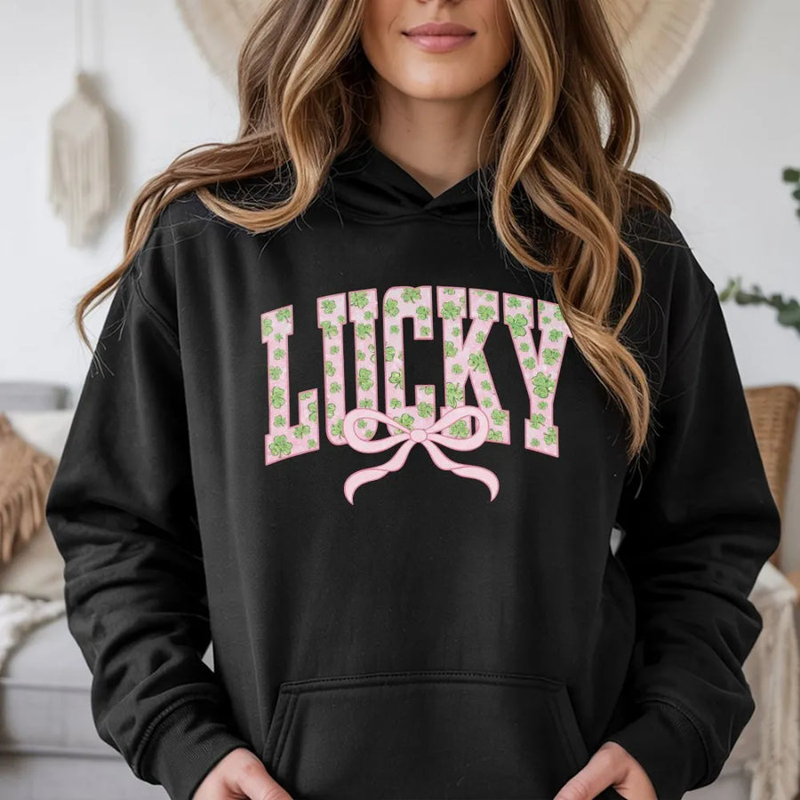 Lucky Shamrock Hoodie | Pink Varsity Letter with Bow Graphic | Premium Cotton Blend | St. Patricks Day Gift for Women