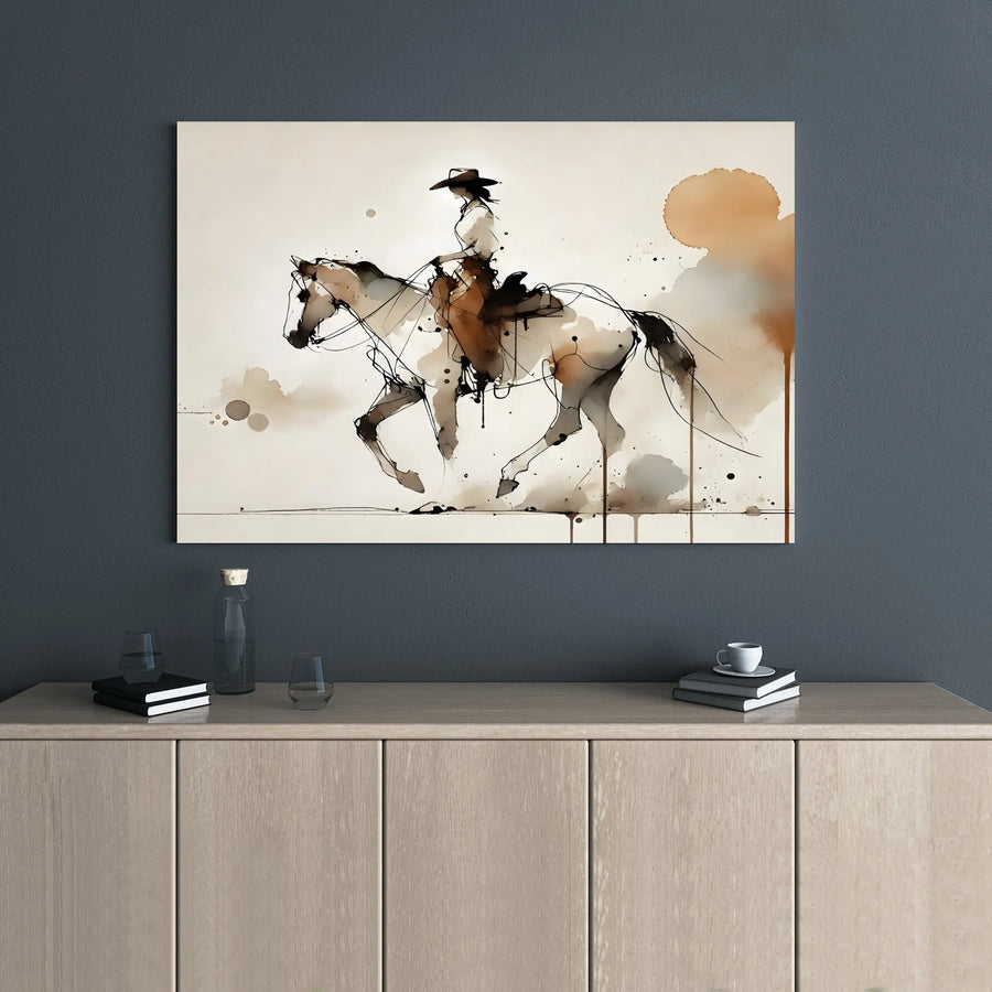Cowgirl on Horse Canvas Wall Art | Abstract Watercolor Western Decor | Premium Gallery Wrap Print | Southwestern Home Office Gift