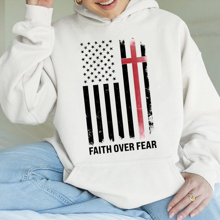 Faith Over Fear Hoodie | Distressed American Flag Cross Graphic | Premium Cotton Blend | Christian Religious Patriot Gift For Men And Women
