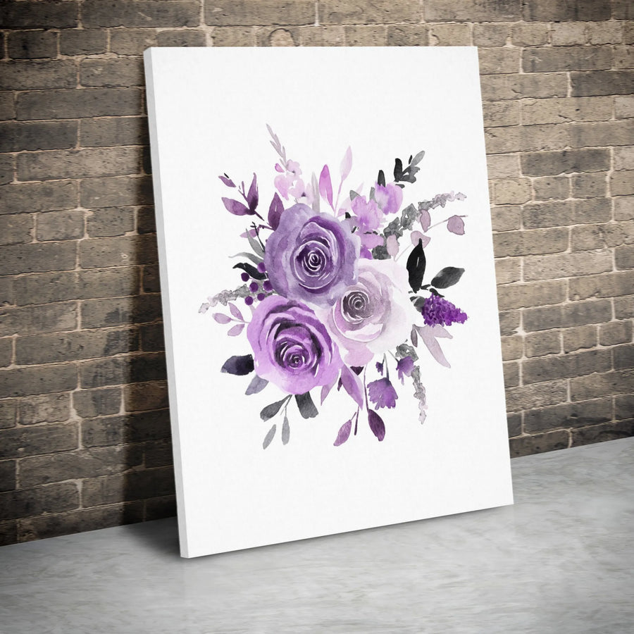Purple Watercolor Rose Canvas Wall Art | Floral Bouquet Print | Gallery-Quality 1.25-Inch Thick | Elegant Home Office Decor Gift