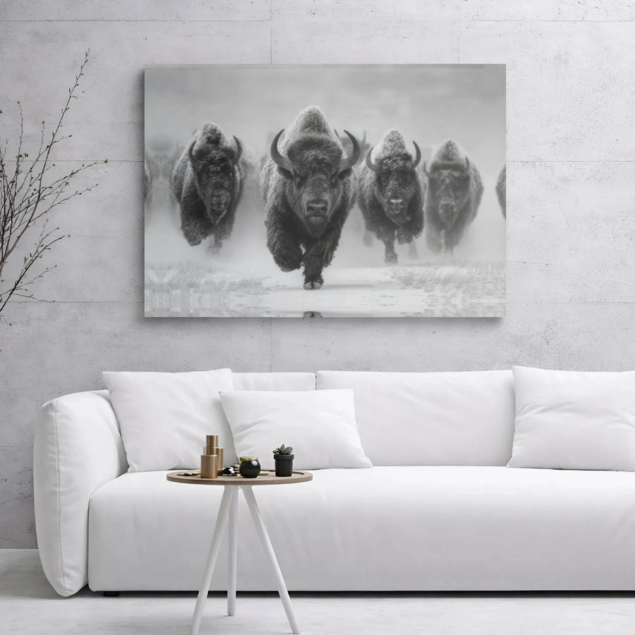 Running Bison Herd Canvas Wall Art | Monochrome Winter Wildlife Photography | Gallery Wrapped 1.25-inch Frame | Modern Rustic Home Decor Gift