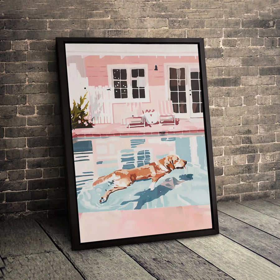 Golden Retriever Pool Art | Aesthetic Pink Summer House Canvas | Premium Fade-Resistant Print | Dog Lover Home Decor Gift